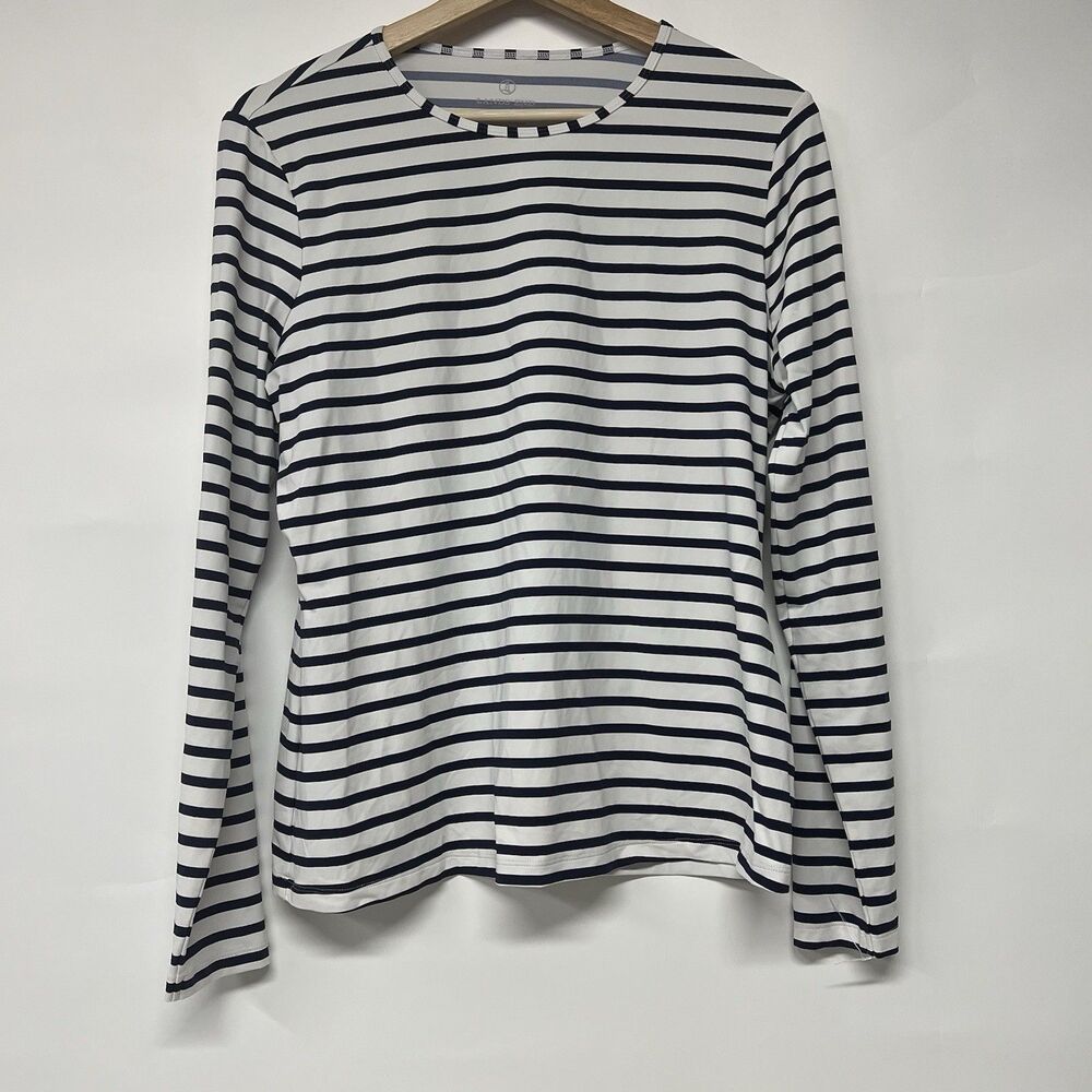 Lands End Women’s Blue White Striped Nautical Rash Guard Medium 8-10
